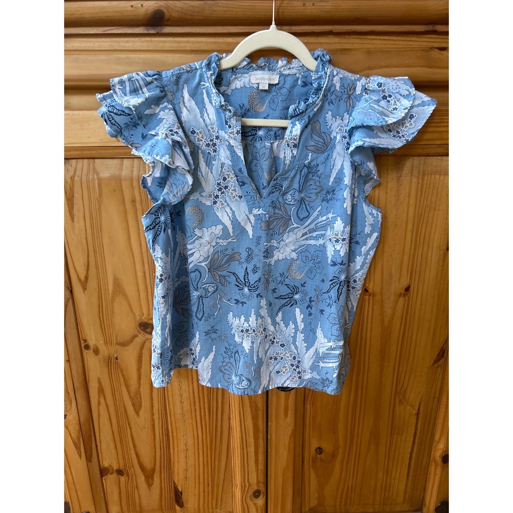 Jennifer Grace Blue Floral Cotton Ruffle Flutter Sleeve Blouse Top Medium